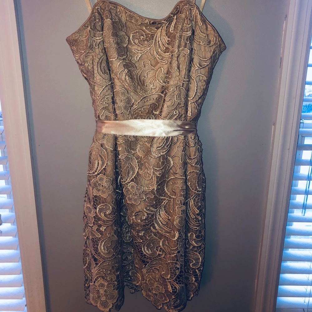 Strapless, lace evening dress